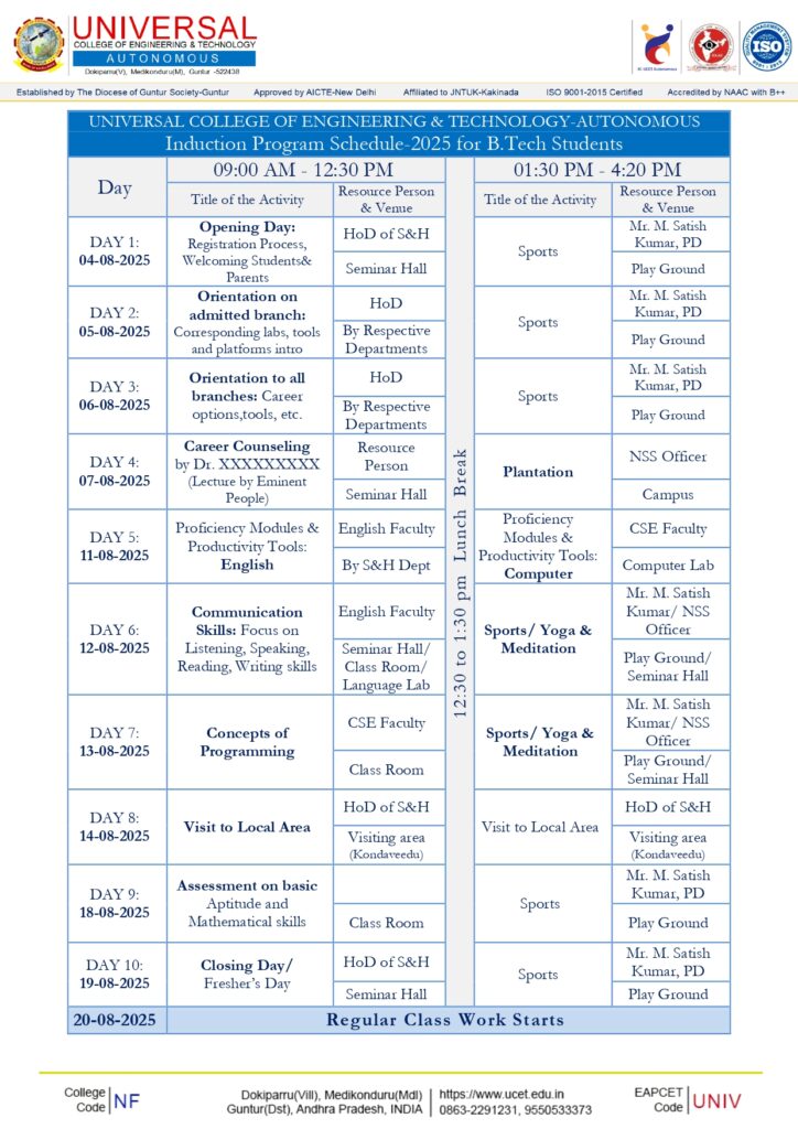 B.Tech First Year INDUCTION PROGRAM-2025 Schedule